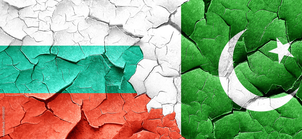 bulgaria flag with Pakistan flag on a grunge cracked wall