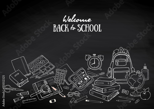 Flyers template with school products on black background.