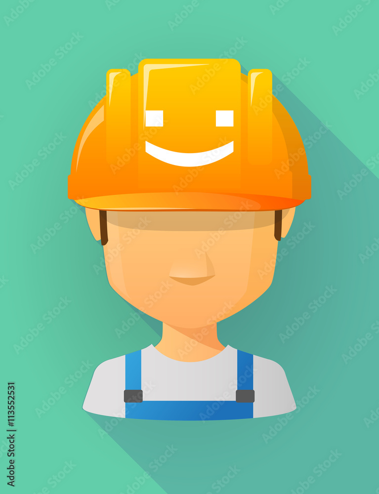 Worker male avatar wearing a safety helmet with a smile text fac Worker male avatar wearing a safety helmet with a smile text fac