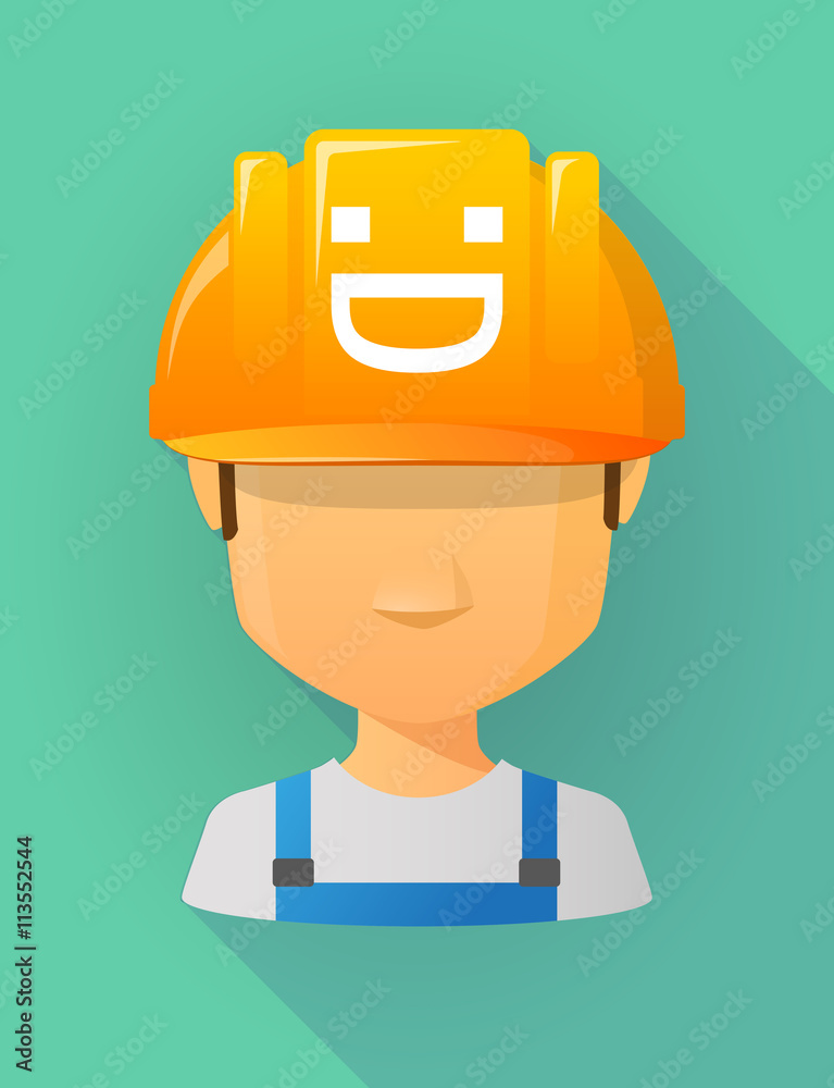 Worker male avatar wearing a safety helmet with a laughing text