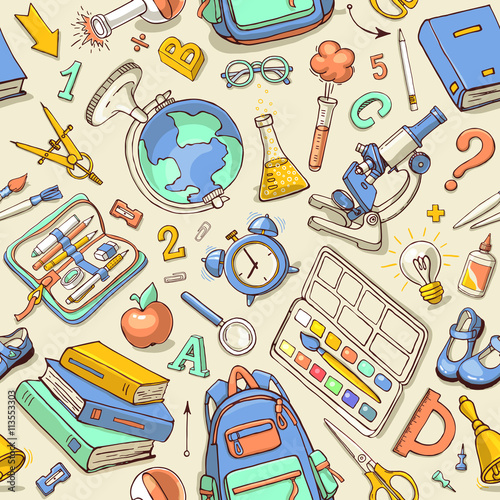 Vector seamless color pattern of sketchy school supplies.