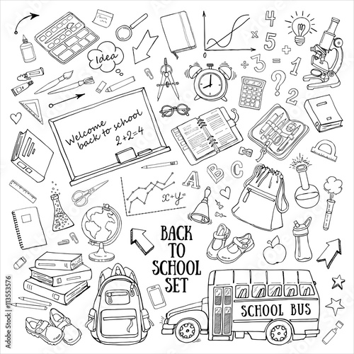 Back to school hand-drawn doodles set with supplies, schoolbus, backpack, chalkboard, globe