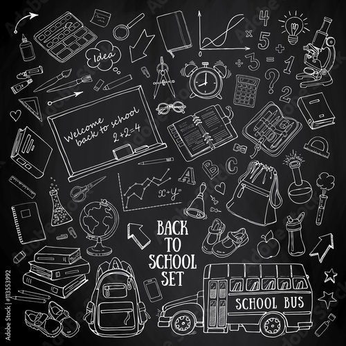 Back to school sketchy set with supplies, schoolbus, backpack, chalkboard, globe on blackboard