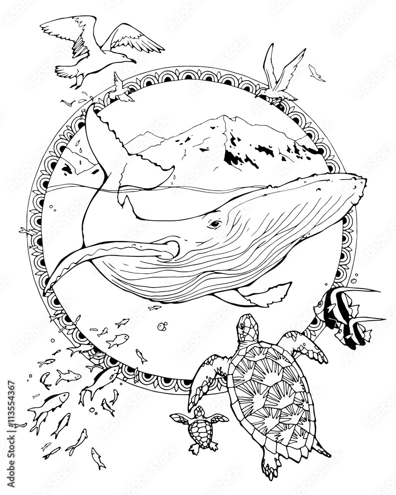 Naklejka premium coloring page about whale and turtles and seagulls