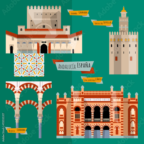 Sights of Andalusia. Seville, Granada, Cordoba, Cadiz, Spain, Europe. 