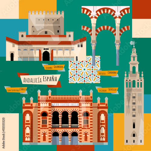 Sights of Andalusia. Seville, Granada, Cordoba, Cadiz, Spain, Europe. 