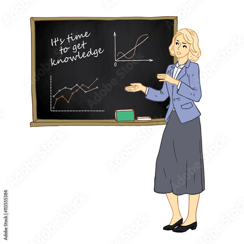 Sketch of teacher standing in classroom near blackboard isolated on white background