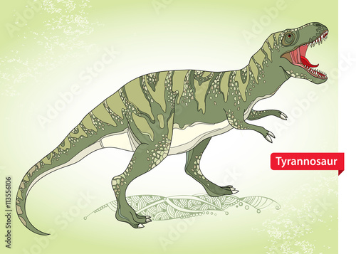 Vector illustration of Tyrannosaurus or tyrant lizard or Tyrannosaurus rex on the green background. Series of prehistoric dinosaurs. Fossil animals and reptiles in linear or contour style.