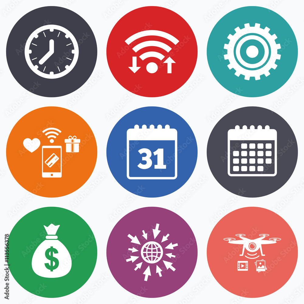 Business signs. Calendar and USD money bag icons