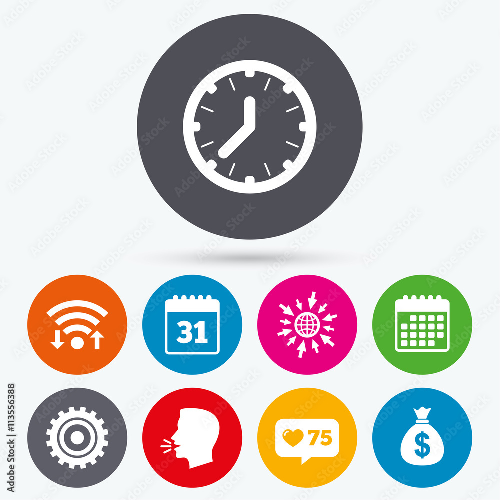 Business signs. Calendar and USD money bag icons Business signs. Calendar and USD money bag icons