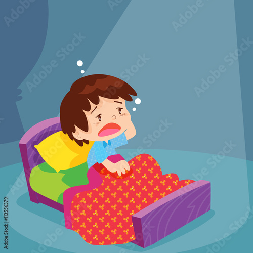 sleepless boy character on the bed.Cute boy have sleepy.