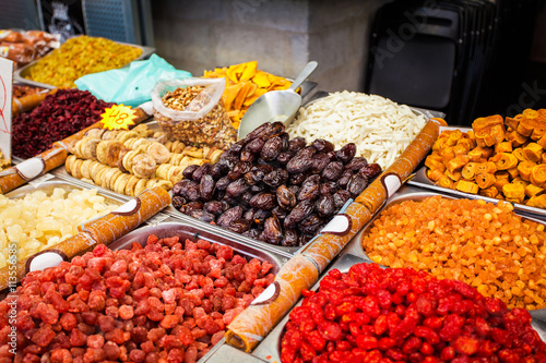 Various dried fruits on the Mahane Yehuda Market. photo