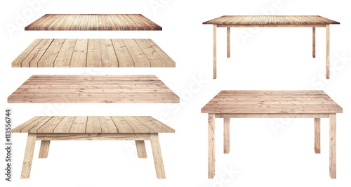 Brown and different style wooden tables are isolated on white background