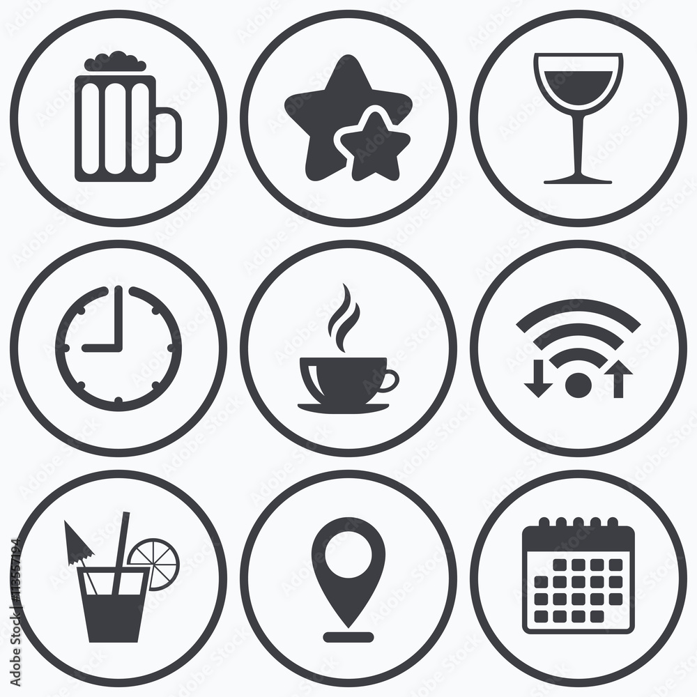 Drinks signs. Coffee cup, glass of beer icons. Drinks signs. Coffee cup, glass of beer icons.
