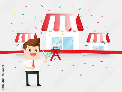 businessman use scissors cut red ribbon grand opening franchise business