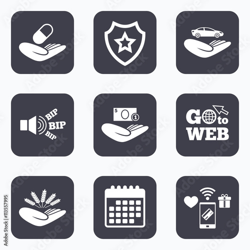 Helping hands icons. Protection and insurance.