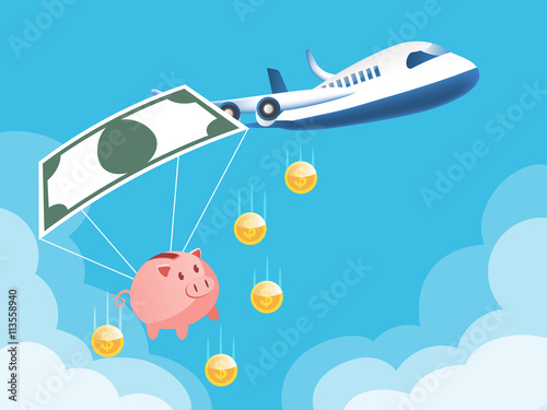 piggy bank used banknote like a parachute with airplane in the beautiful blue sky background. saving money, insurance, investment. with copy space