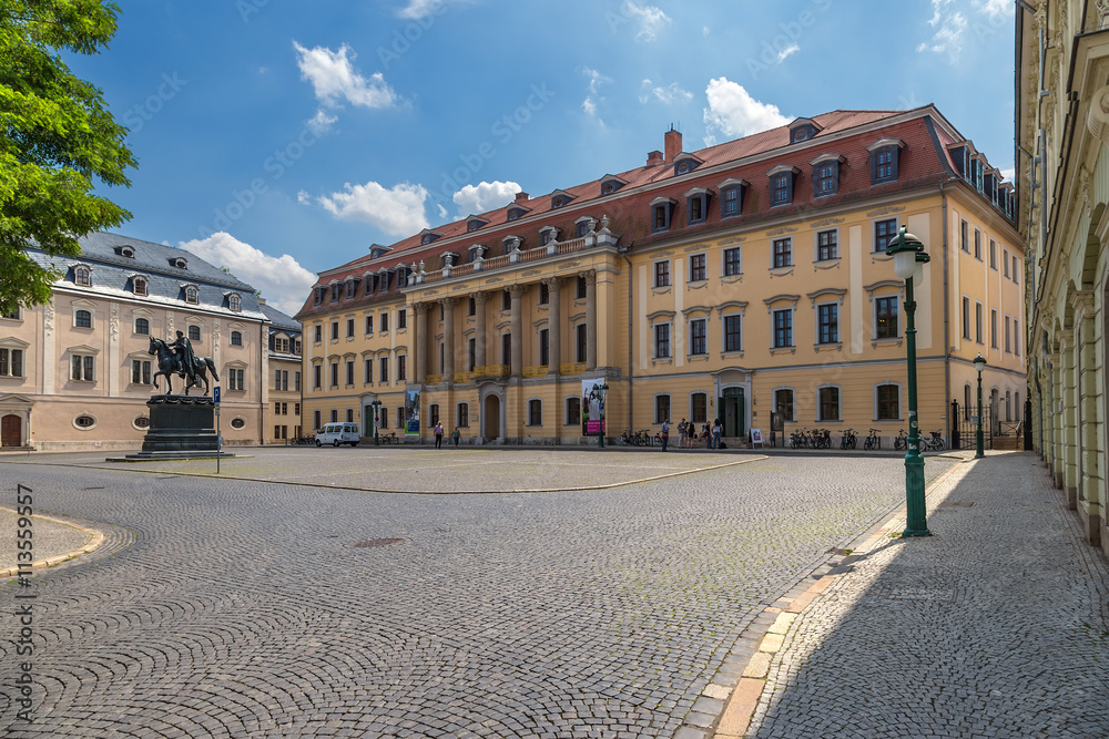 Weimar, Germany. Area Democracy: Prince's House (now the conservatory), the statue of the Duke Carl August, on the left - Anna Amalia Library (1560)