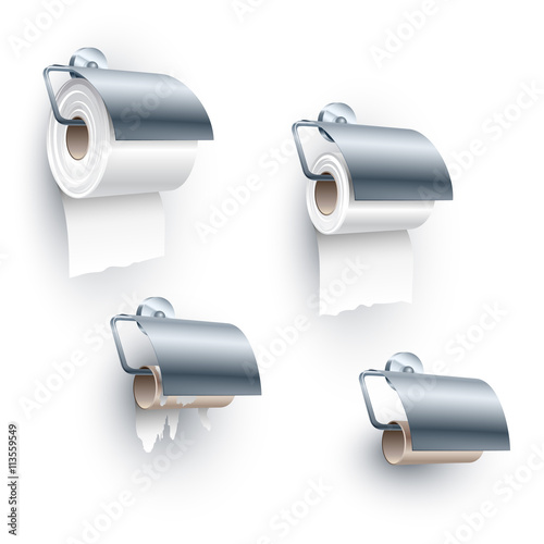 Toilet paper roll placed on a spindle in a back-facing under orientation, of full, half, ending and completely ended stages; Set of objects for the water closet; Eps10