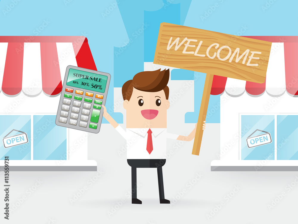 time to shopping. businessman hold calculator and sign announces super sale promotion and discounts, welcome to shop time to shopping. businessman hold calculator and sign announces super sale promotion and discounts, welcome to shop