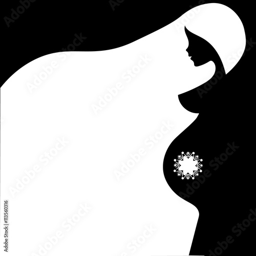 Beautiful Nude pregnant woman silhouette, abstract, black and white silhouette. sleek, linear sketch of the symbol of motherhood, expectant mother, prenatal care