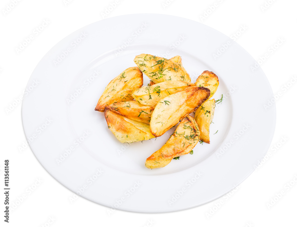 Baked potato wedges with minced dill. Baked potato wedges with minced dill.