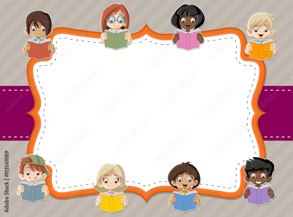 Card with cartoon student children reading books. Students. Stock Vector | Adobe Stock Card with cartoon student children reading books. Students. Stock Vector | Adobe Stock