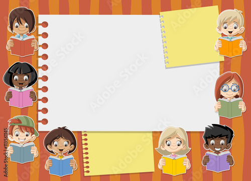 Card with cartoon student children reading books. Students.

