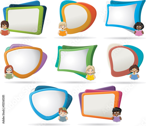 Template with cartoon student children reading books. Students.

