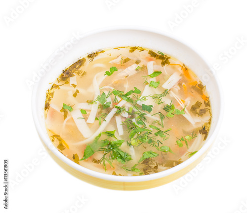 Traditional moldovan chicken soup with noodles.