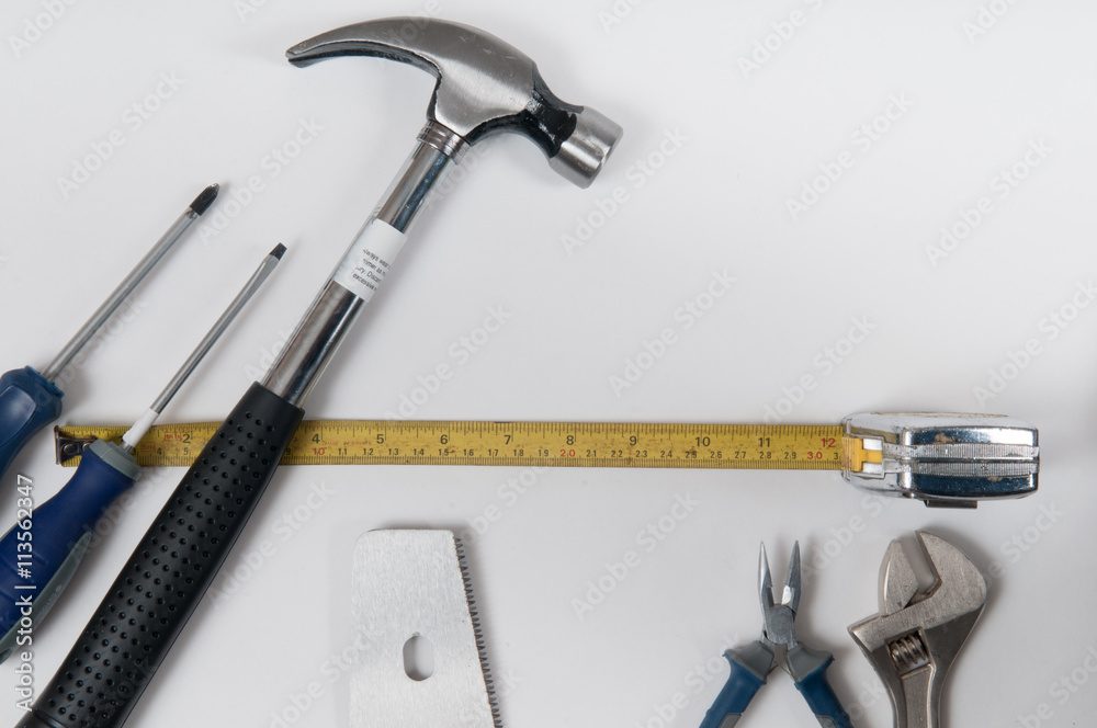 Tool kit for home improvement on isolated white background Tool kit for home improvement on isolated white background