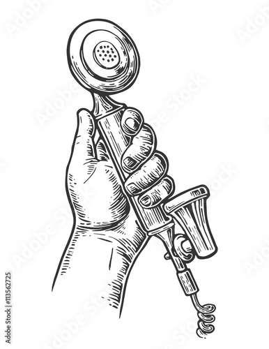 Retro classic telephone in male hand. Isolated on white background. Vintage vector drawn engraving illustration