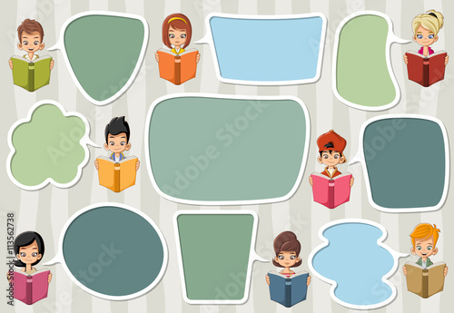 Template with cartoon children reading books. Students talking with speech bubbles.