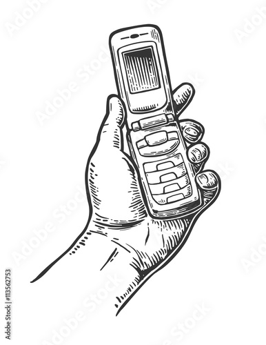 Flip Phone hold male hand.Vintage vector drawn engraving illustration
