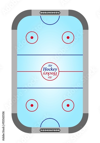 Blue table air hockey with rinks and gray with black counters of on the wicket
blue hockey surface and the red and blue lines on a white background. Top view of Air Hockey