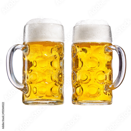 Two glass tankards of chilled frothy beer