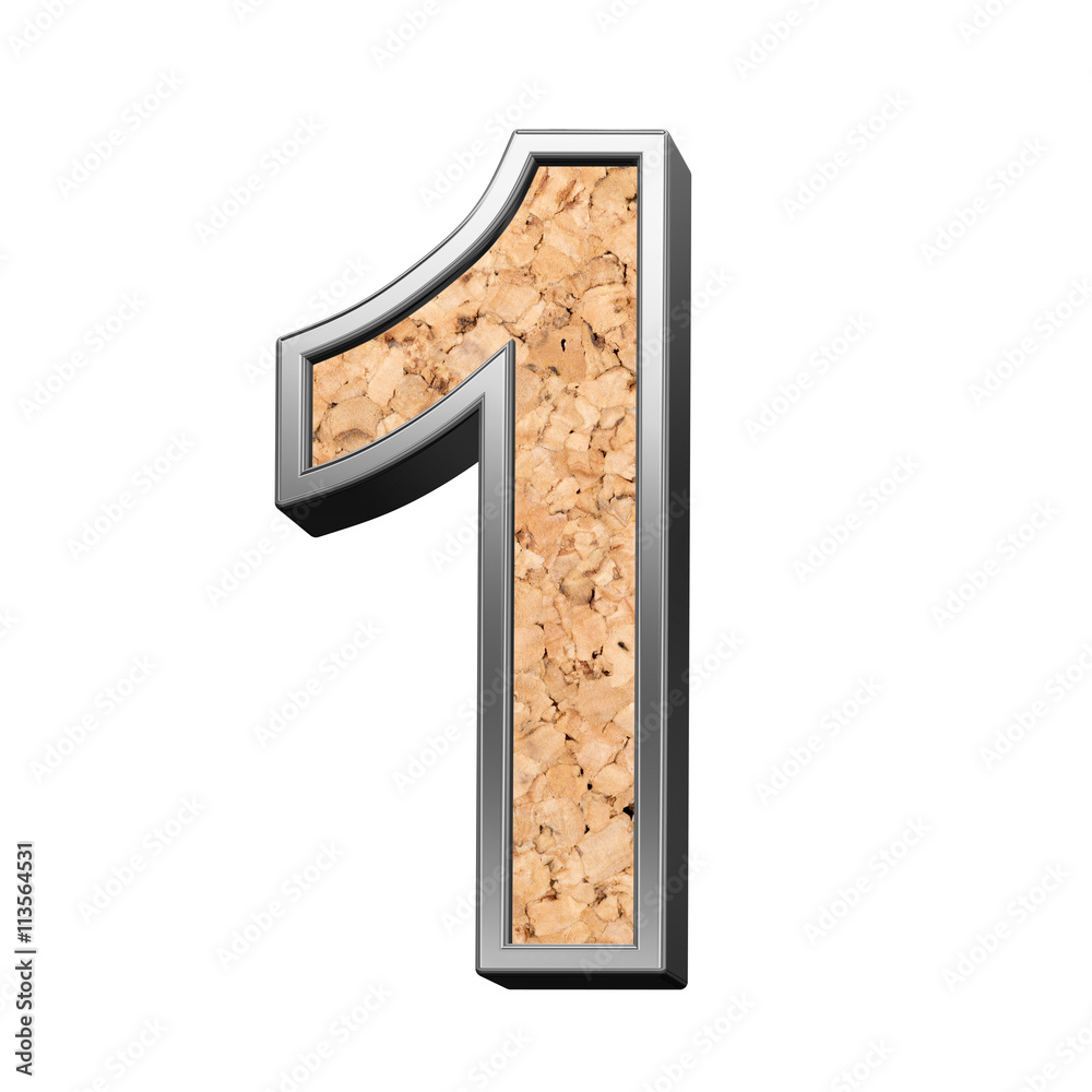 One digit from cork with silver shiny frame alphabet set, isolated on white. 3D illustration. One digit from cork with silver shiny frame alphabet set, isolated on white. 3D illustration.