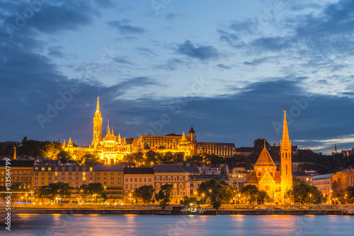 Night view of the St. Matthias Church and Fishermen's Bastion, Buda's Castle District, Budapest, Hungary