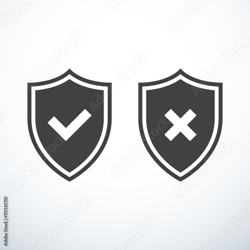Set of shield icons. Tick and cross