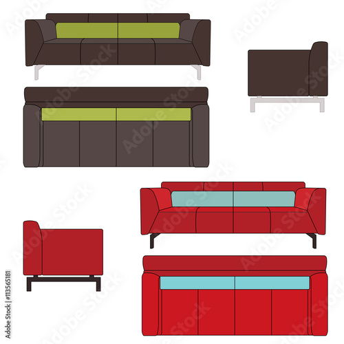 Sofa Set Flat Vector Illustration Top Front Side View