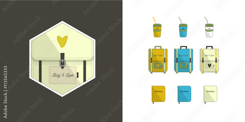 Traveller set and logo. Backpack,sketchbooks, coffee cup.Three color options.Flat style with text. Tourism icons Traveller set and logo. Backpack,sketchbooks, coffee cup.Three color options.Flat style with text. Tourism icons