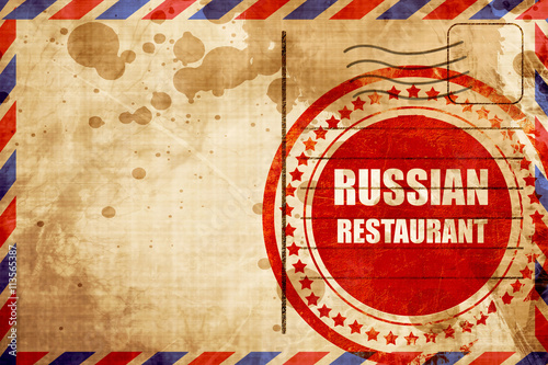 Delicious russian cuisine, red grunge stamp on an airmail backgr
