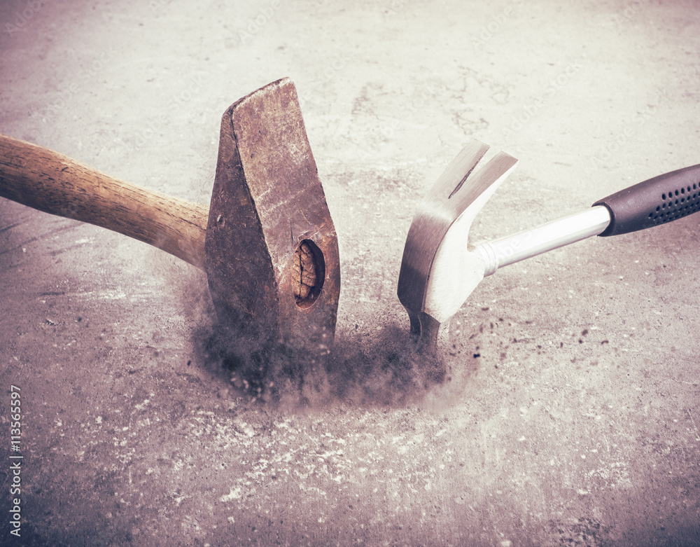 Two hammers hitting stone with strong force. Hammer still life. Symbol of  strength and force. Concept of industrial work tool, carpentry equipment  and DIY object. Stock Photo | Adobe Stock
