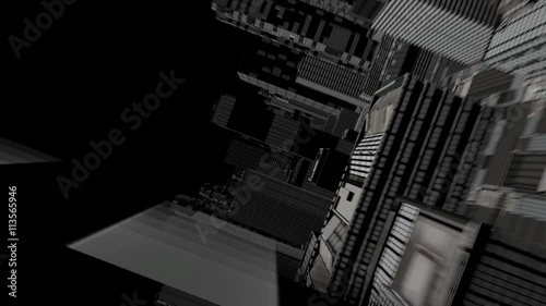Abstract animation of a camera moving among wireframe city buildings
