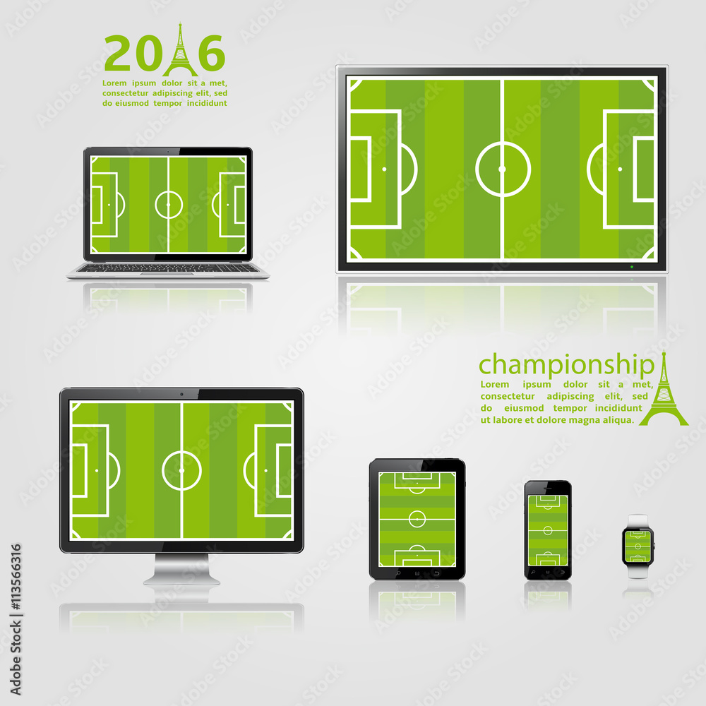 TV screen, lcd monitor, notebook, tablet computer, mobile phone, smart watch with football field on screen TV screen, lcd monitor, notebook, tablet computer, mobile phone, smart watch with football field on screen