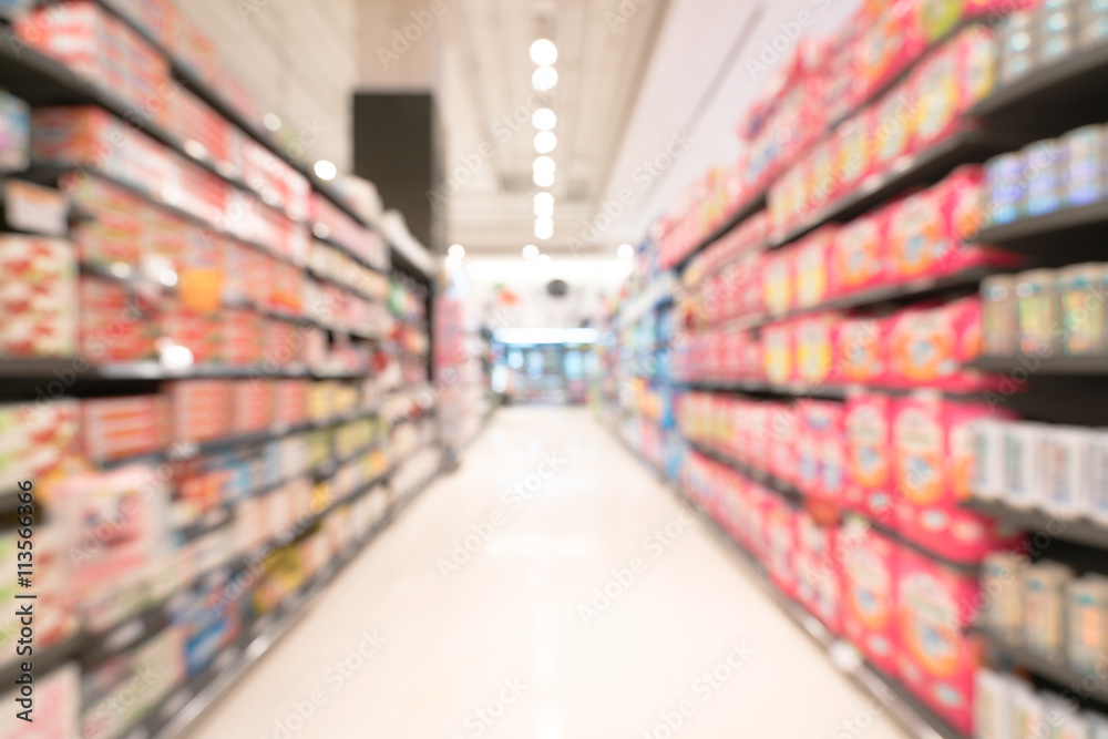Blurred, bokeh background image of modern supermarket