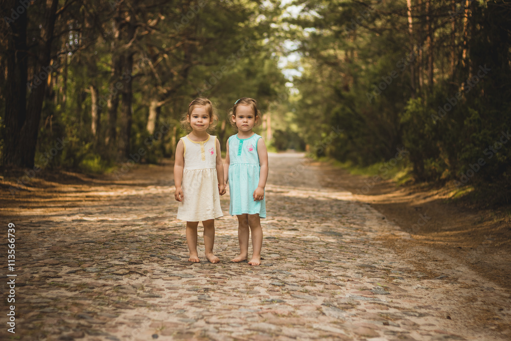 Fototapeta premium Two beautiful girls walking in the woods