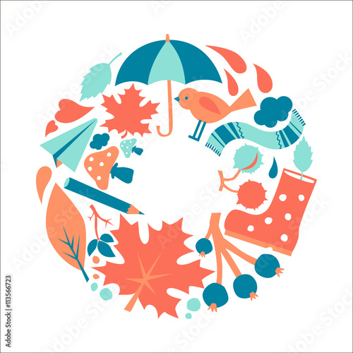 Vector illustration of flat autumn elements. Nature background  decorative art print ornament. Can be used for fabric  textile  T-shirt  wall sticker  postcard design