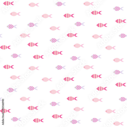 Vector small pink fish seamless pattern. School of fish in rows on white sea pattern. Summer marine girlish theme.