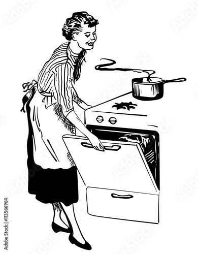 Retro housewife cooking in her kitchen vector image